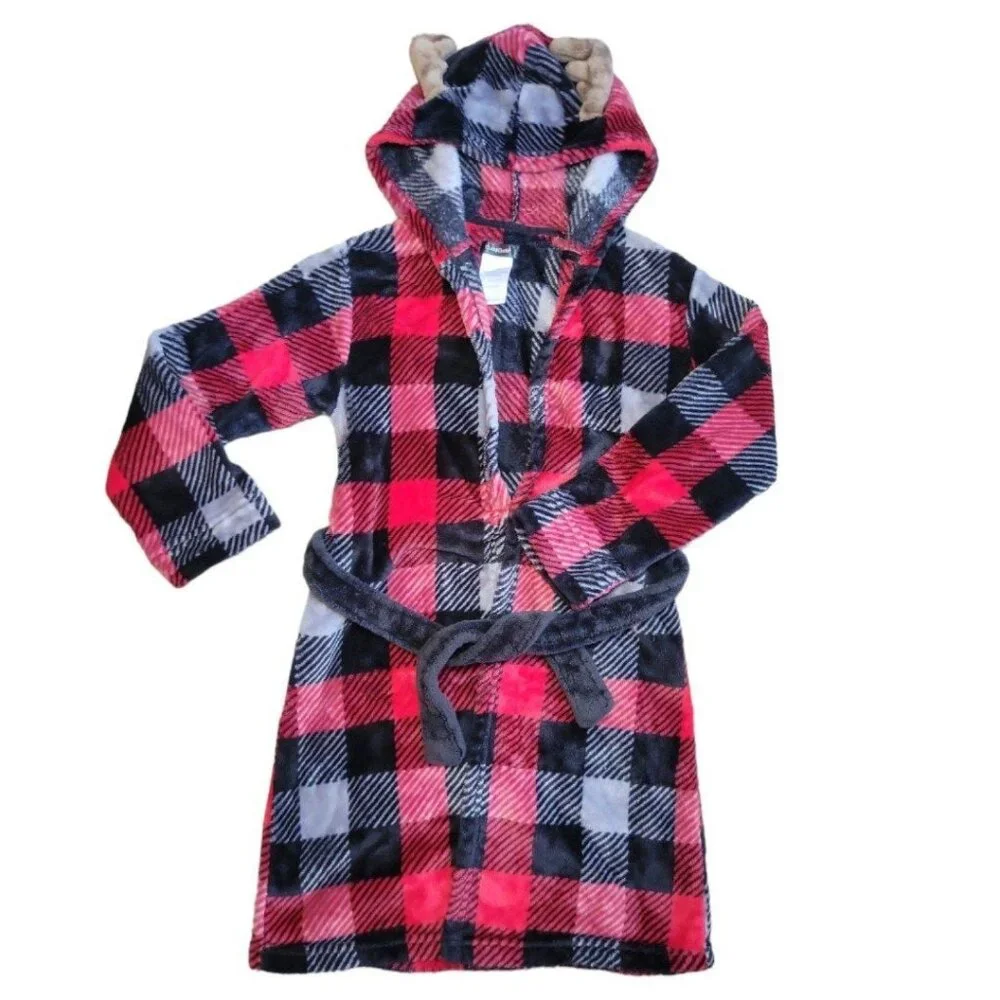 Boys M 8/10 Cuddl Duds Moose/Deer black/red Checkered Plaid Winter Hooded Robe